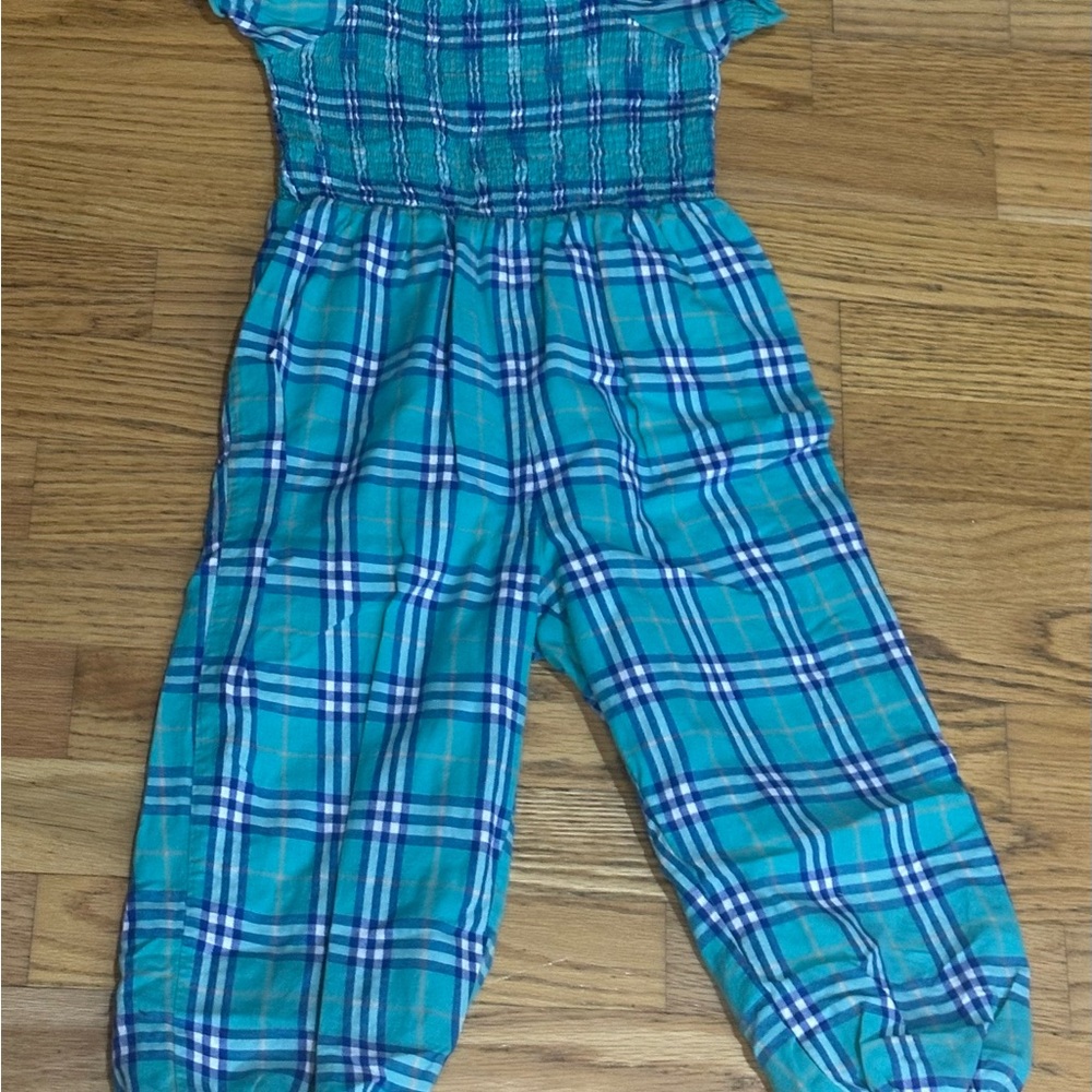 SweetHoney Green Navy Plaid Tartan Flannel Smocked Leggy Romper Christmas size 6